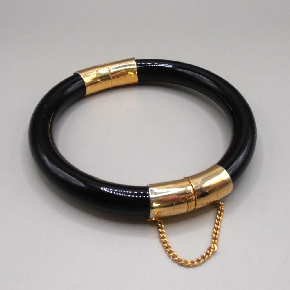 Black and Gold Bangle Bracelet with Safety Chain